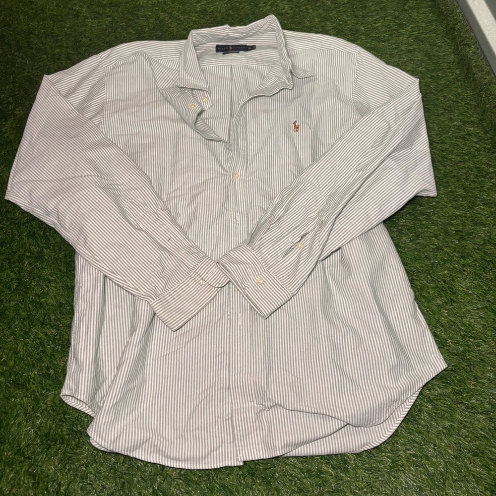 Ralph Lauren Classic Fit Mens XL Green White Striped LS Button Down Shirt